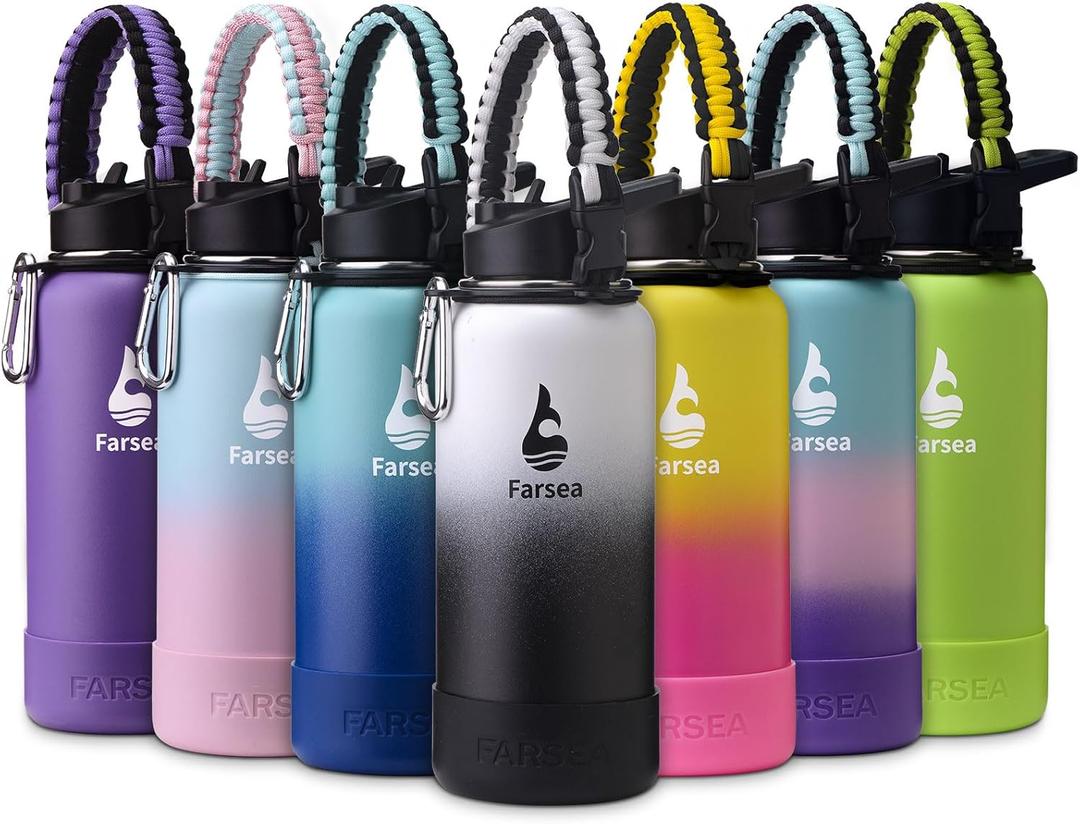 Farsea Insulated Water Bottle With Paracord Handle, Protective Boot and 2 Lids (Straw Lid & Spout Lid), Stainless Steel Water Bottle Wide Mouth, Double Wall Sweat-Proof BPA-Free, 32 oz (White/Black)