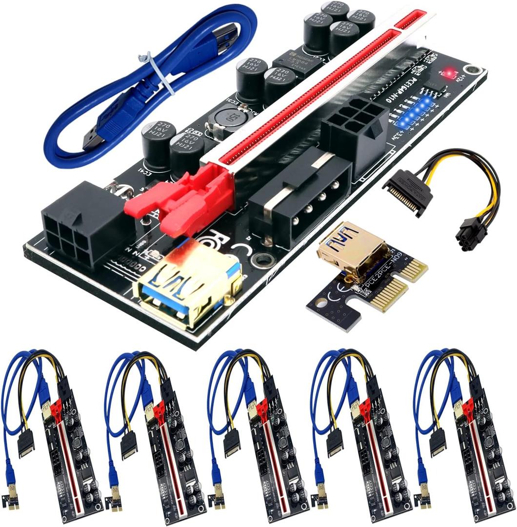 6 Pack PCI-E Riser 010S GPU Riser Adapter Card PCI-Express 1X to 16X Riser Card with 8 Solid Capacitors for Bitcoin Ethereum Mining