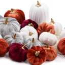 Thanksgiving Velvet Pumpkins, 18 PCS Fall Table Decorations for Home, Artificial Pumpkins Set for Fall Autumn Harvest, Thanksgiving, Wedding