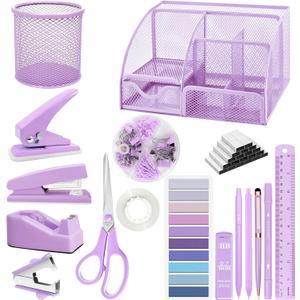 Purple Desk Accessories, 17Pcs Purple Office Supplies Set with Stapler, Mesh Desk Organizer, Tape Dispenser, Staple Remover, Pen Holder, Clips, Pens, Ruler, for Office Home School Women Students Gift