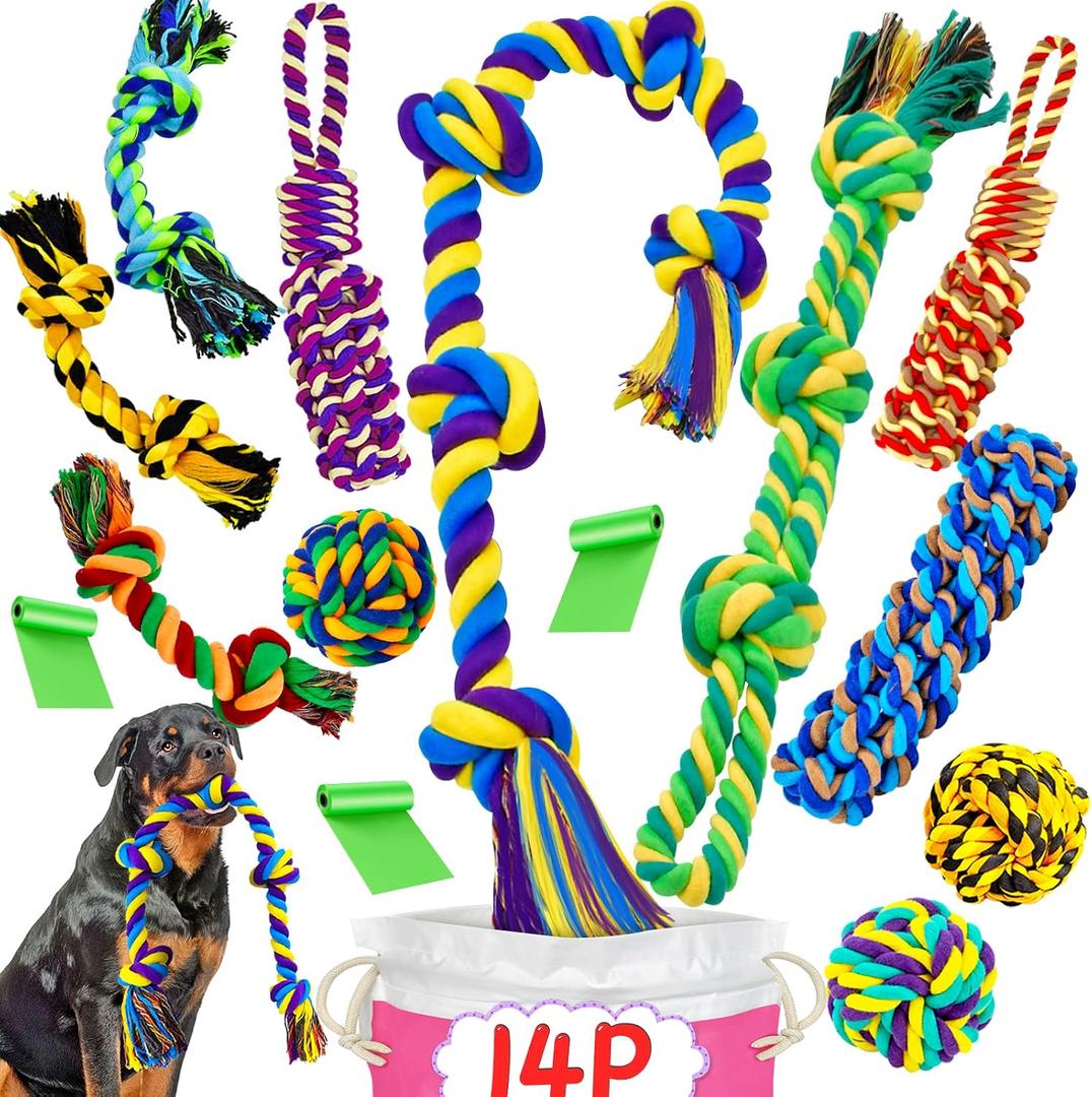 SHARLOVY XL Dog Chew Toys for Aggressive Chewers Large Breed, 14 Pack Tough Indestructible Dog Toys for Aggressive Chewers, Durable Puppy Chew Toys for Teething, Heavy Duty Cotton Rope Toys