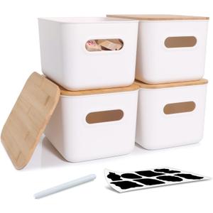 Citylife 4 PCS Storage Bins with Bamboo Lids Plastic Storage Containers for Organizing Stackable Storage Box with Handle, 10.23 x 7.08 x 6.3 inch (White)