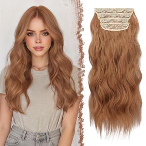 FESHFEN Clip in Hair Extensions - 4 PCS Long Wavy Auburn Brown Thick Clip in Hairpieces Full Head Synthetic Hair Extension for Women, 20 Inch