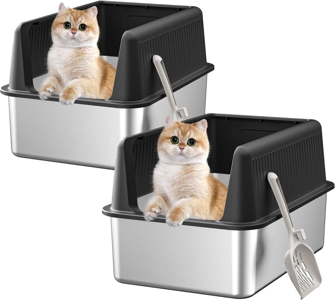 2 PACK Stainless Steel Cat Litter Box with Lid,19.7” L x 13.8” W x 11.8”H Deep,Large Metal Litter Box with High Side,for Small and Large Cats,Anti-Leakage Non-Sticky Include Litter Scoop