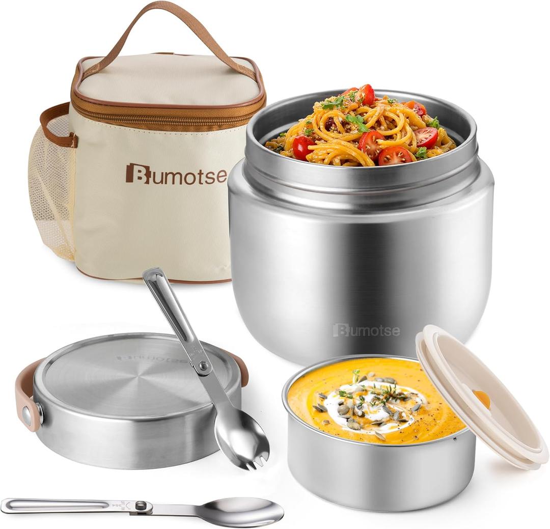 40oz Insulated Food Jar with 2 Compartments, Leak-Proof Thermo for Hot Food Wide Mouth Stainless Steel Includes Spoon and Fork Soup Thermo Lunch Containers Bento Box for Adults, Silver