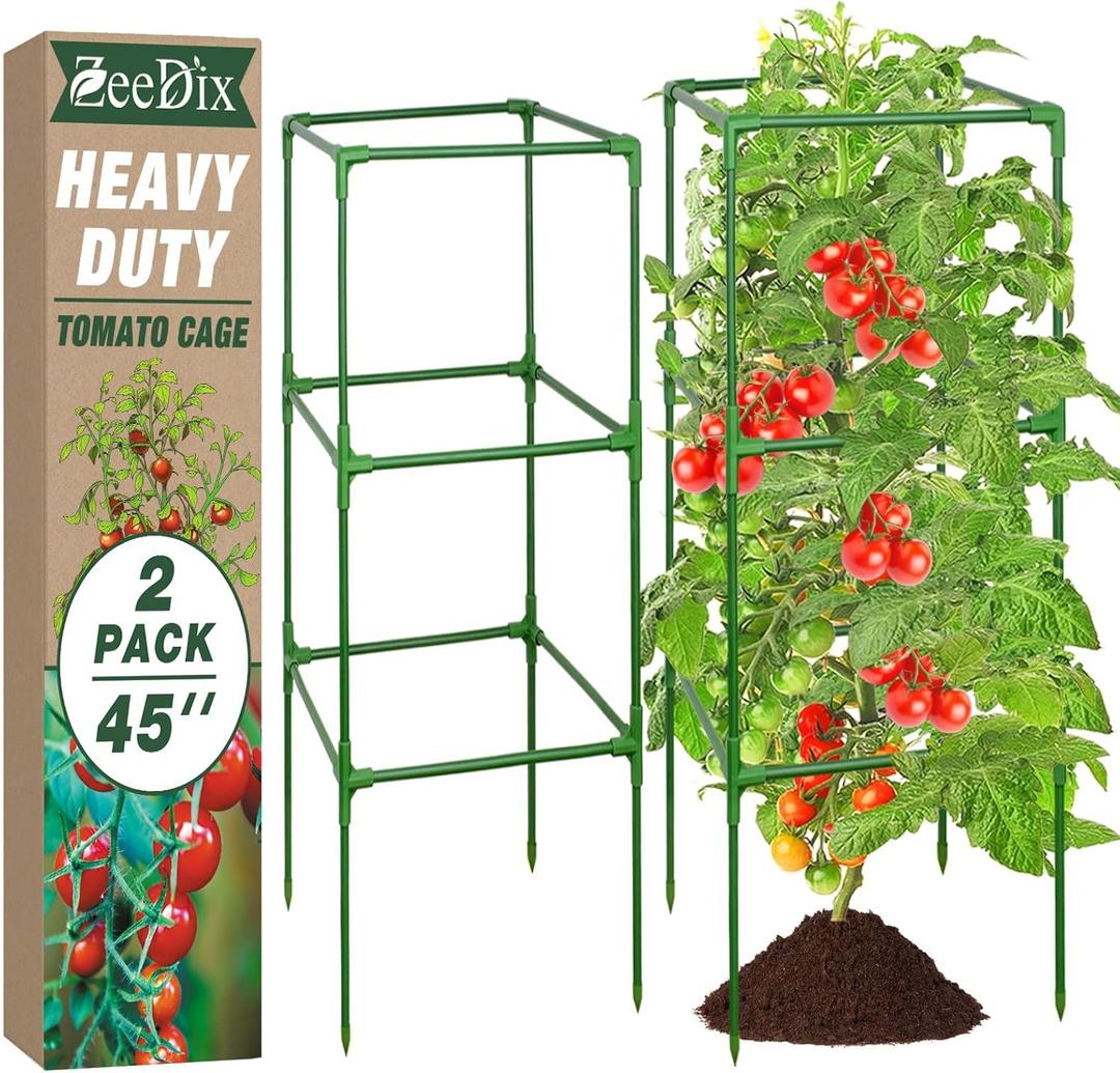 ZeeDix 45 Inch Tomato Cages 2 Pack, Heavy Duty Adjustable Metal Garden Plant Supports for Climbing Vegetables - Square Cage for Tomatoes, Cucumbers, Peas, Flowers with 20 Plant Clips