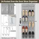 Over The Door Shoe Organizer - Space Saving Shoe Rack for Closet Door with 24 Crystal Clear Pockets and Metal Hooks, Shoe Holder Back of Door Organizers for Shoes, Gray Hanging Shoe Organizer (Gray)