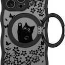 Wavy Case for iPhone 13 Pro Max Case with Stand [Compatible with MagSafe] Cute Black Cat & Floral & Butterflies Pattern Design, Kawaii 360 Magnetic Ring Kickstand Phone Cover for Women Girls, : Black Cat & Floral - Wave Edge