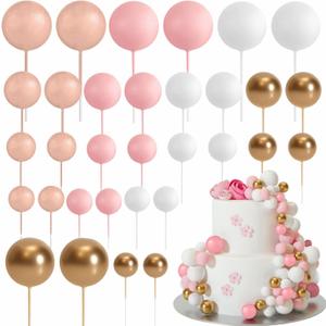 ASTARON 32 Pcs Ball Cake Topper Decorations Mini Balloons Cake Topper Sticks Foam Balls Cake Picks Cake Topper Balls Cake Decorations for Wedding Party Birthday Cake Decorations (Rose/Gold/Pink)