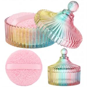Extra Large Body Powder Puff and Container, 5.5'' Crystal Container with 5.3'' Oversize Dust Powder Puff Washable Reusable Face Body Glitter Wet Dry Makeup Gift(Colorful)