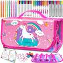 56 PCS Washable Scented Markers with Glitter Pencil Case, Mermaid Unicorn Arts and Crafts for kids 4-6-8 Kids Coloring Drawing Kits for 4-8 Years Old Girls Xmas Gifts Stocking Stuffers (Pink, 56)