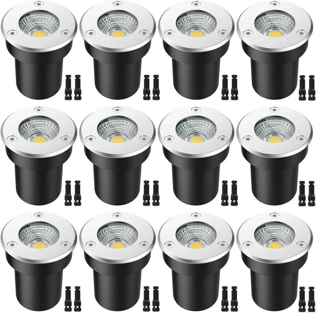 LED Landscape Lights, 12 Pack 7W Ground Lights With 24 Connectors, Low Voltage In-Ground Well Pathway Lighting, Daylight White, Waterproof for Driveway, Deck, Garden