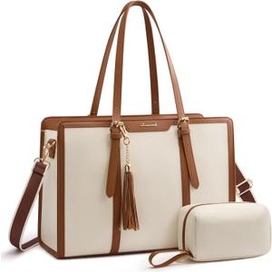 LOVEVOOK Laptop Bag for Women - 15.6 inch Lightweight Canvas Laptop Tote, Large Capacity Computer Bag with Clutch Purse for Business, Work, Travel, School, Casual Beige