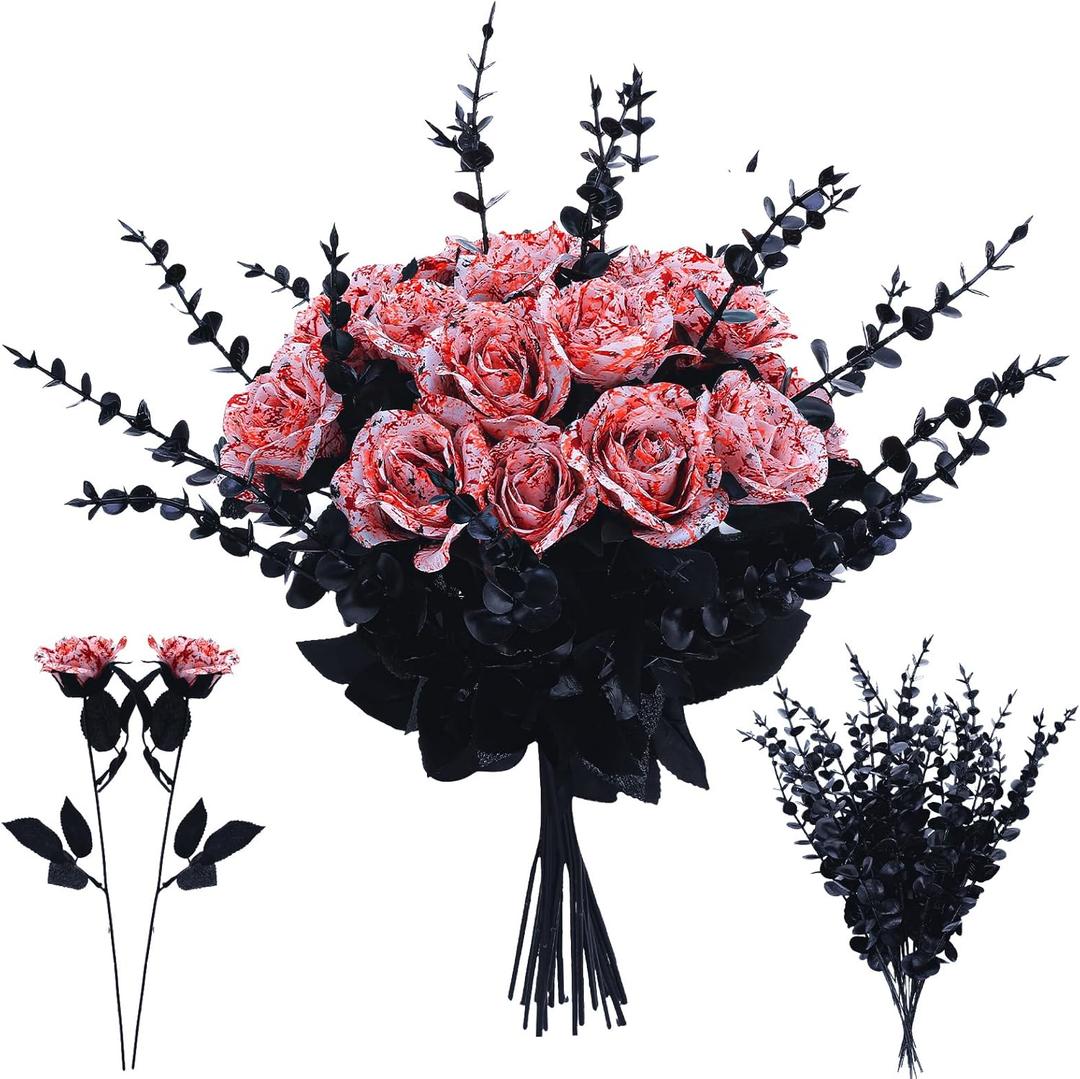 20 Pcs Halloween Artificial Roses and 28 Black Eucalyptus Stems, Blood White Silk Fake Flowers with Bendable Stems, DIY Gothic Wedding Bouquet, Haunted House Decor