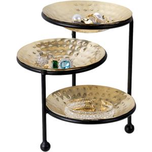 MyGift 3 Tier Jewelry Dish Organizer, 4 Inch Hammered Brass-Plated Metal Dishes and Black Stand, Decorative Ring Tray Jewelry Holder Display Tower for Earrings Necklace Bracelet - Handcrafted in India