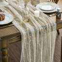 Artoid Mode 3Pcs Beige Gold Gauze Table Runner 120 Inch 10FT, Glitter Metallic Foil Sheer Dining Wedding Anniversary Holiday Birthday Table Decor for Home Party