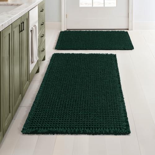 MIULEE Dark Green Set of 2 Waffle Bathroom Rugs, Boho Bath Rugs Non Slip Washable, Super Absorbent Bath Mats, Ultra Soft Rubber Backed Shower Mats for Bathroom Floor, Tub, 17"x24"+18"x30"
