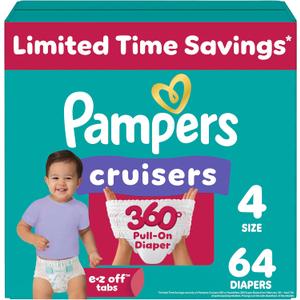 Pampers Diapers - Cruisers 360 - Size 4, 64 Count, Babyproof up to 100% Leakproof Pull-On Diaper