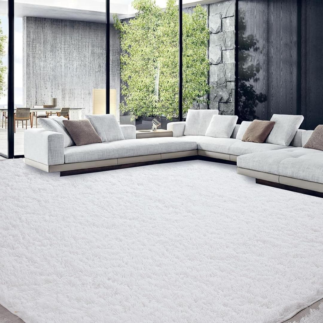 HOMBYS Shaggy Area Rug 12x15 Feet, Ultra Fuzzy Large Plush Faux Fur Carpet for Living Room Bedroom, Non-Skid Fuzzy Rug for Kids Playroom Home Decor (White)