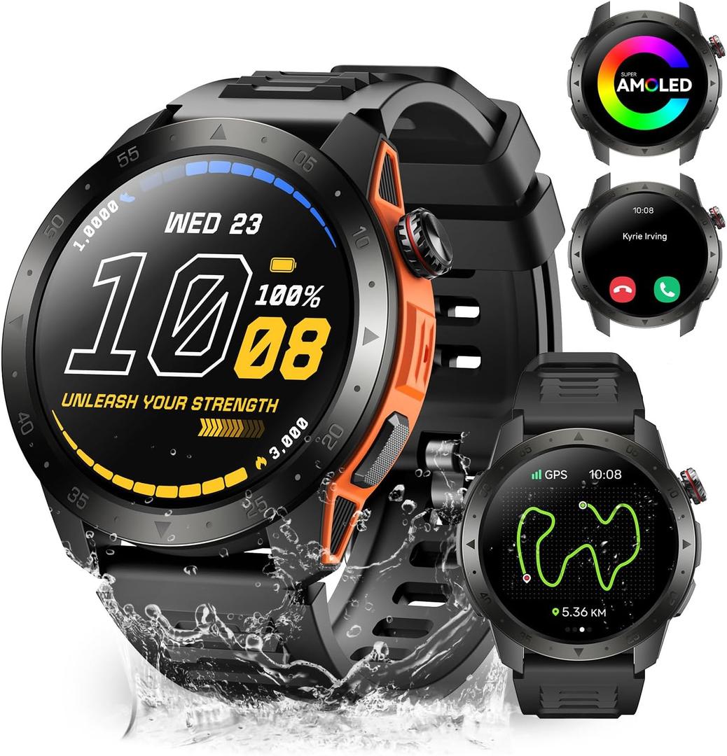Military Smart Watches for Men Built-in GPS(Answer/Make Calls), 1.43" AMOLED Screen with Compass, Altitude, Barometer, 3ATM Waterproof, Fitness Watch with Health Monitor for Android iOS