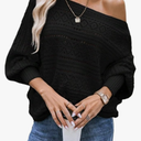 Long Sleeve Pullovers Womens Loose Fit Bat Sleeve Sweater, Autumn/Winter Black L