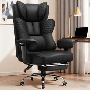 GTPLAYER Big and Tall Office Chair 400LBS Wide Ergonomic Gaming Chair with Deluxe Embossing Designed Leather with Foot Rest,150Reclining Adjustable Soft Armrests Pocket Spring Back Support and Pillow (Plus, Fabric-black)
