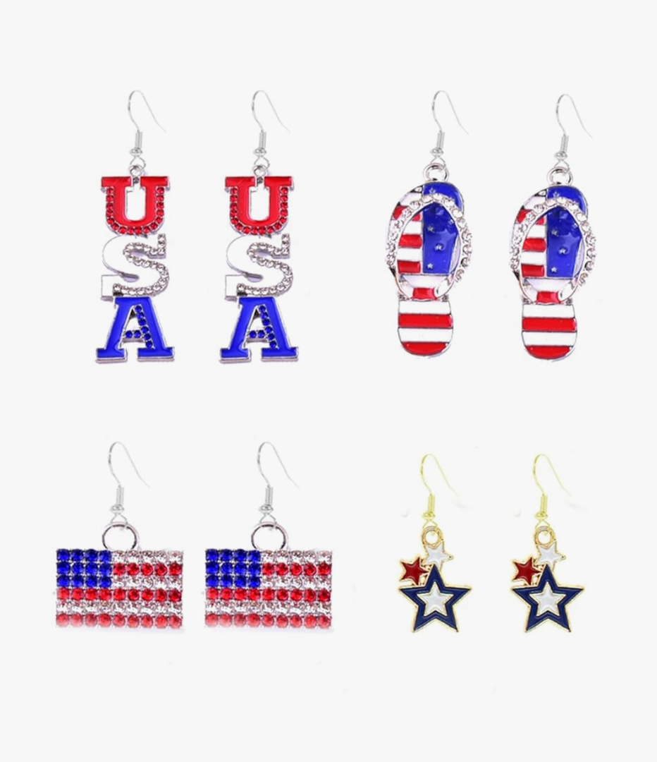 4 Pairs American Flag Earrings Patriotic Red White Blue American USA Flag Earrings Butterfly Flip Flop Sandal Diamond Dangle Drop Earring 4th of July Earrings Patriotic Star Earring for Independence Day Gift