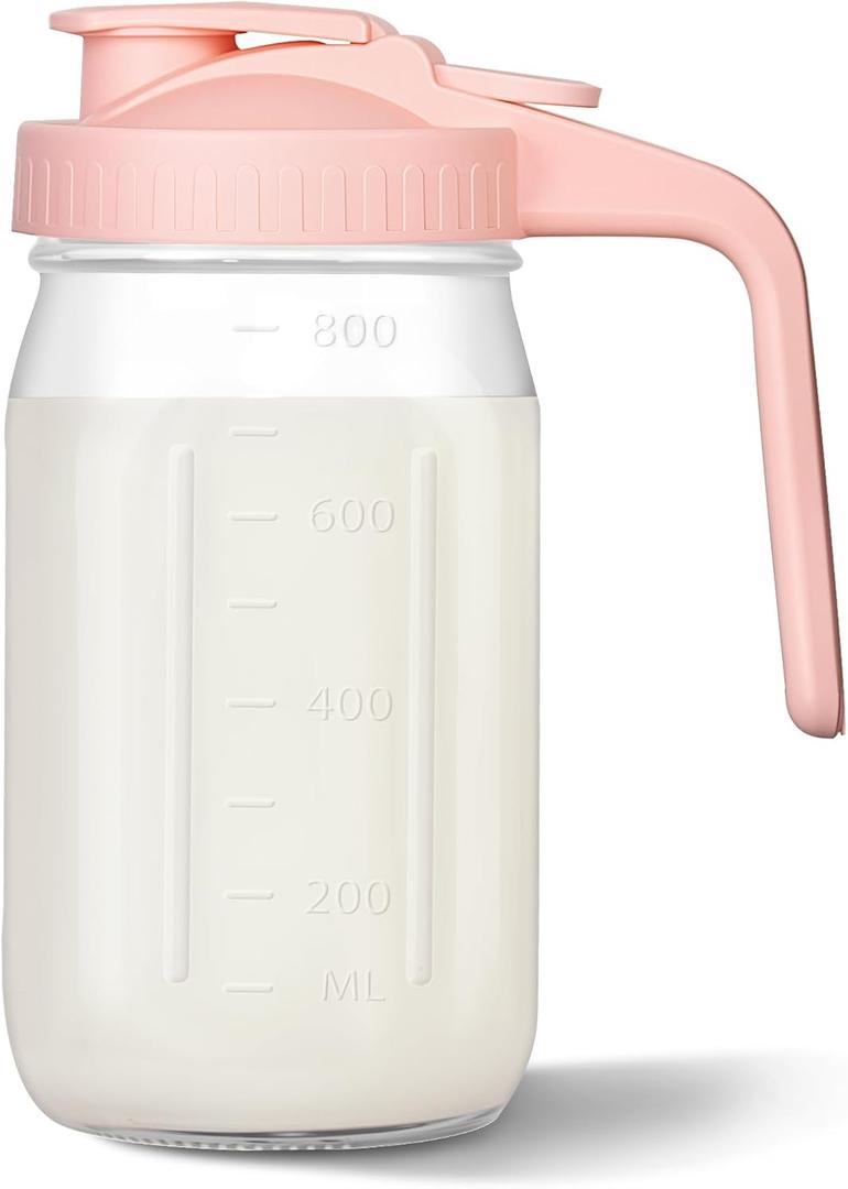 Mason Jar Pitcher, 32 oz Glass Milk Pitcher, Wide Mouth & Leakproof Glass Pitcher with Lid for milk, Sun Tea, Juice, Cold Brew Coffee and Drinks (Pink)