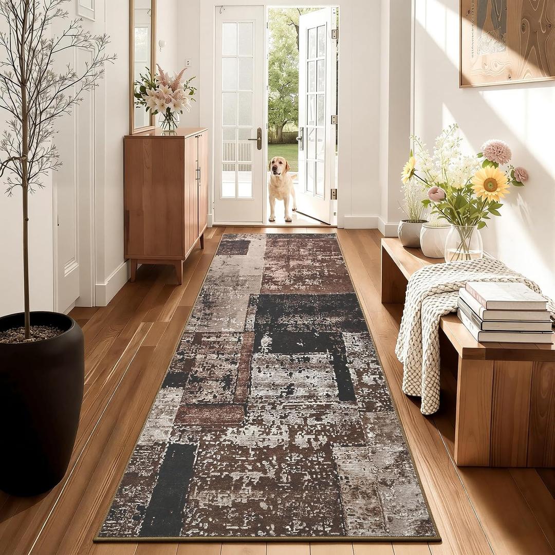 LOCHAS Washable Runner Rugs for Hallway, 2x8 Non Sip Kitchen Rug Runner for Bedroom Entryway Laundry Room, Long Abstract Runner Carpet for Bedside Floor, Brown Geometric Vintage Decor