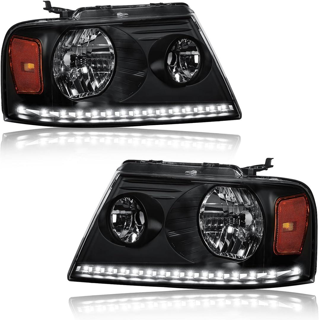 Headlights for 2004-2008 Ford F150 / 2006-2008 Lincoln Mark LT Pair Front Lights w/LED Running LIghts Replacement Headlamps Black Housing Amber Reflector