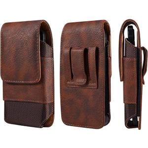 Cell Phone Belt Clip Bag Leather, Mobile Phone Blet Pouch Mens, Universal Waterproof Leather Smartphone Belt Loop Holster with Card Holder Carabiner Hook Wallet Purse Pocket for Outdoor Sport Travel (6.9 INCH, Brown)