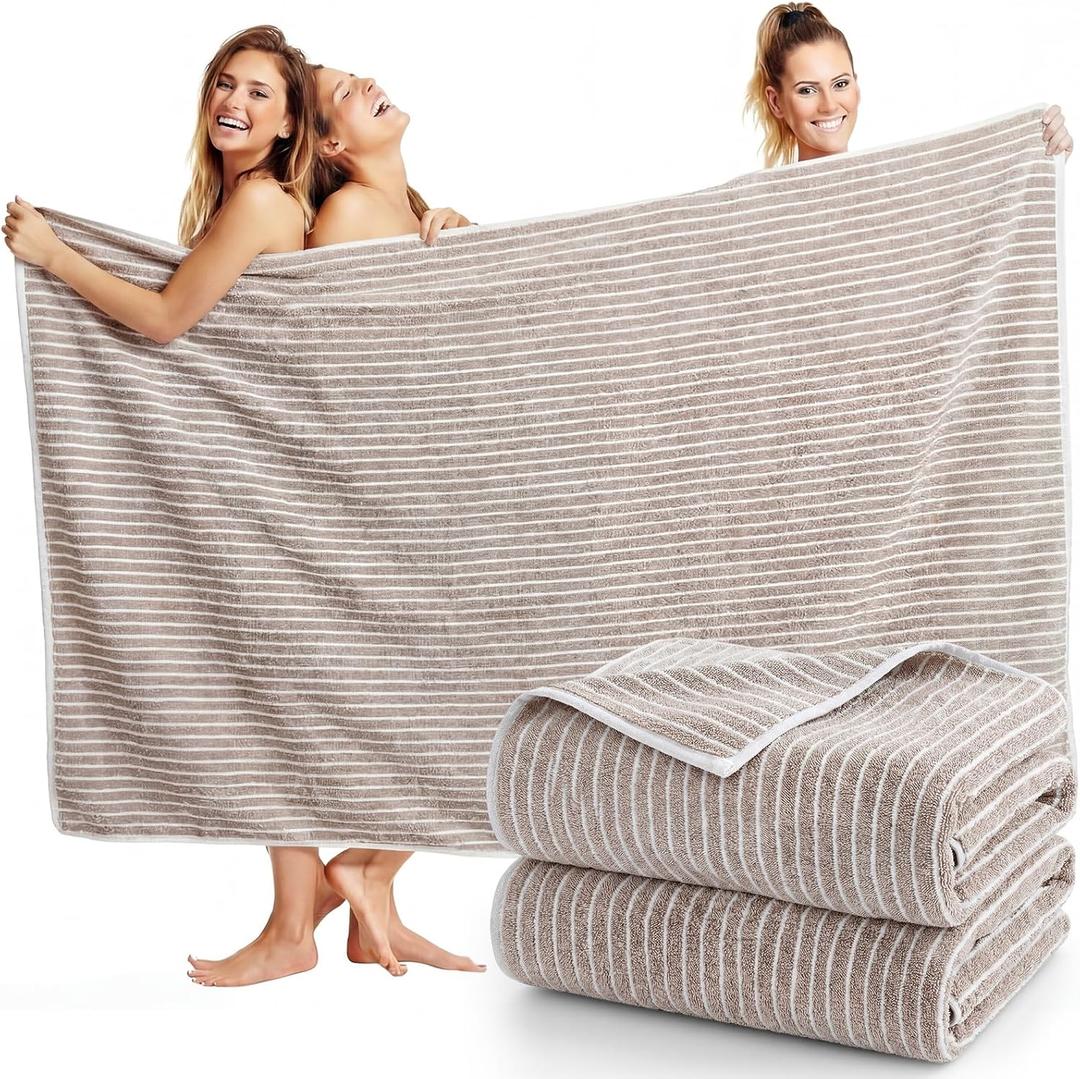 2 Pack Oversized Bath Towels 40 x 80 in Coral Fleece Extra Large Brown and White Striped Bath Sheets Microfiber Quick Dry Absorbent Shower Towel for Beach Pool Hotel Bathroom Spa Gym