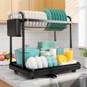 Sakugi 2-Tier Dish Drying Rack - Stainless Steel Dish Rack with Cutlery & Utensil Holders for Kitchen Counter, Sink Organization and Storage for Small Family, 15" W x 11.4" L x 15" H, Black