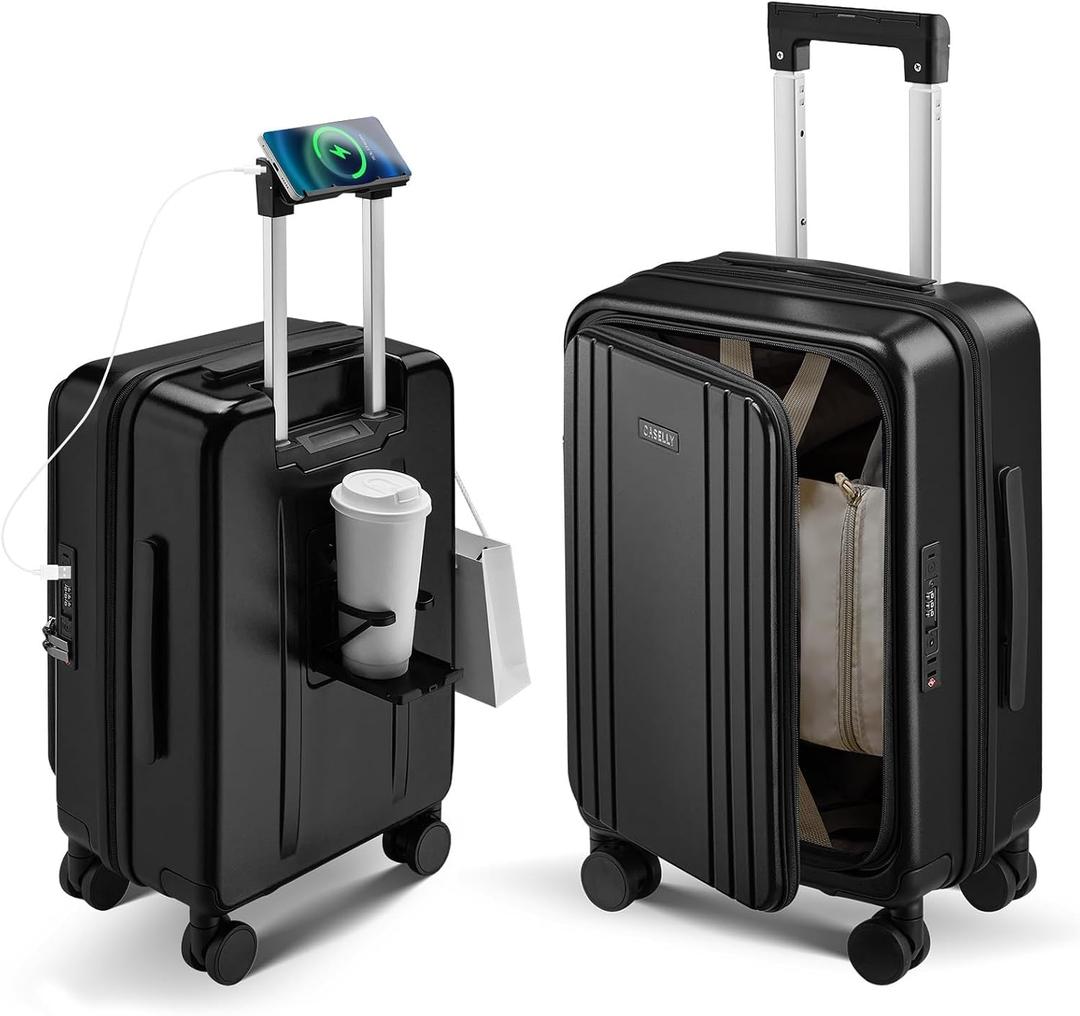 Carry On Luggage Top Opening with Cup Holder & Phone Holder, Expandable PC Hard Shell Suitcase, USB Charging Port, Side Hook, 360° Spinner Wheels, TSA Lock & YKK Zippers for Fathers Day Gift, 20 inches