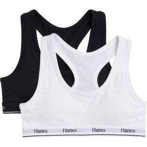 Hanes Girls' Cotton Racerback Sports Bra 2-Pack, Black/White, Medium