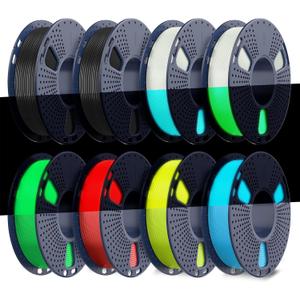 TECBEARS Glow in The Dark Petg FilamentNeatly Wound 3D Printer Filament Bundle250g/Spool, 8 Packs (2 Spool of Black Petg and 6 Spool of Glowing Blue/Green/Red/Yellow)