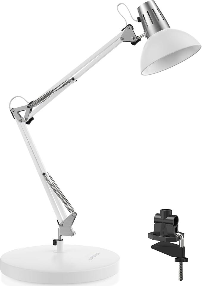 LEPOWER Metal Desk Lamp, Adjustable Goose Neck Architect Table Lamp with On/Off Switch, Swing Arm Desk Lamp with Clamp, Eye-Caring Reading Lamp for Bedroom, Study Room &Office (White)