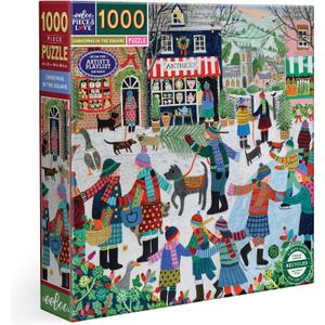 eeBoo Piece & Love: Christmas in The Square - 1000 Piece Puzzle, 23" Square Adult Jigsaw, Cozy Small Town Holiday Winter Scene, Image Reference Insert