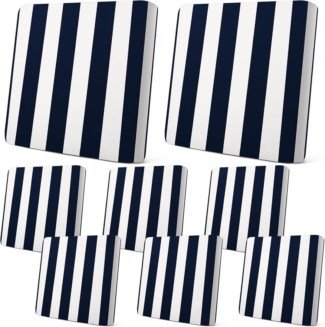 Newwiee 8pcs Patio Stretch Cushion Covers Stripe Outdoor Cushion Covers Replacement Patio Furniture Couch Slipcover Sofa Chair Seat, Thin Fabric Breathable Soft Flexibility Protector(Navy Blue) |  7.09"D x 7.09"W x 4.92"H