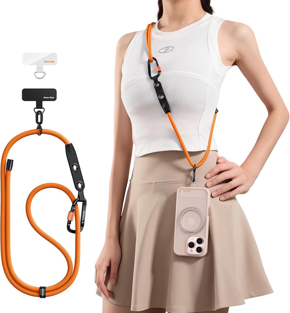 TORRAS Phone Lanyard with Hanging Loops, Durable Carabiner, Adjustable Anti Theft Phone Strap Crossbody, Skin-Friendly, 2 Tabs, Universal Cell Phone Neck Lanyard for Daily & Outdoor Activities, Orange