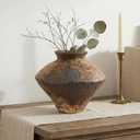 Small Stone Vase for Rustic Home Decor, Farmhouse Antique Pottery Vase Furniture&Table Flower Decorative, Round Terracotta Vases for Living Room Decor, Modern Rustic Concrete Clay Art Vases
