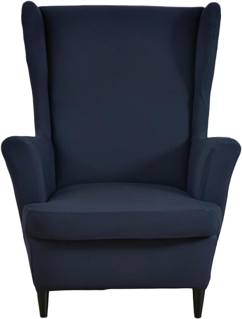 Wingback Chair Slipcover 2 Piece Stretch Armchair Cover Furniture Protector Washable Spandex Wing Navy Blue Chair Covers for Living Room