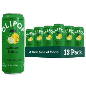 OLIPOP Prebiotic Soda Pop, Lemon Lime, Pantry Pack Packed with Prebiotics, Fiber, and Botanicals, Gluten Free, GMO Free, 12oz Skinny (12-Cans) Best By Jun 01/2026