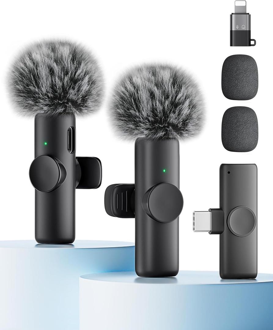 Wireless Microphone for iPhone iPad and Android Phone, 2 Pack Wireless Lavalier Lapel Mic with Noise Reduction, Plug and Play Mini Microphone for Video Recording Interview Podcast YouTube TikTok Vlog (Without Case (2 Tx + 1 Rx ), Black)