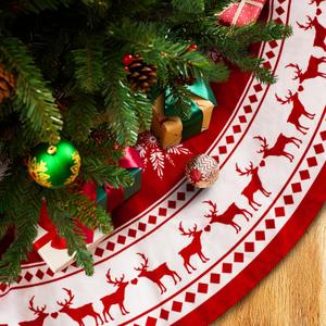 Christmas Tree Skirt 60 inch Red Large Round Fashion Tree Skirt Christmas Decorations with White Snowflake Reindeer for Xmas Ornaments for Winter New Year