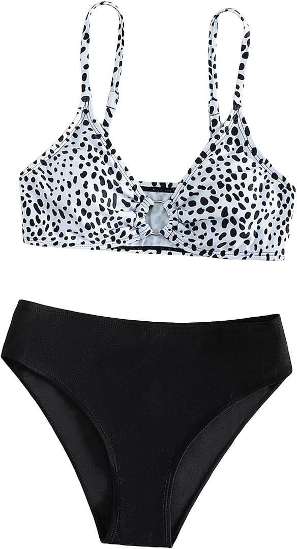 SHENHE Girl's 2 Piece O Ring Bikini High Waisted Spaghetti Strap Cute Swimsuit Bathing Suit (Black and White) 12-13Y