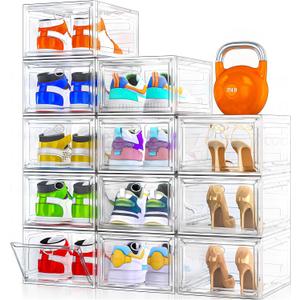 12 Pack Shoe Organizer, Stackable Shoe Storage Boxes with Magnetic Door
