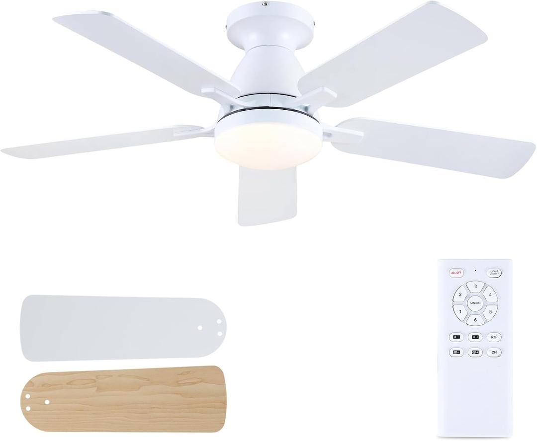 Ceiling Fans with Lights, 46 Inch Flush Mount Ceiling Fan with Remote Modern, Low Profile White Ceiling Fan with Light for Bedroom Living Room Indoor, Quiet DC Motor, Reversible, Dimmable