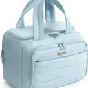 Bagstellar Travel Toiletry Bag for Women, Lightweight Large Quilted Puffy Makeup Bag Wide-open Make up Organizer Cloud Cosmetic Bag w/Handle for Traveling Toiletries Essentials Accessories Light Blue (EXP 09/23/33)
