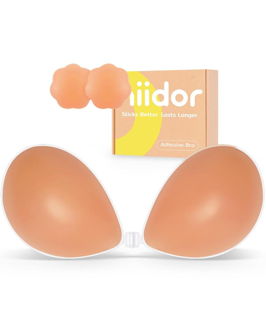 Niidor Ultra Deep V Push Up Adhesive Bra Invisible Self-Adhesive Silicone Bras for Women Air Breathable Reusable Sticky Bras Nude (Beige, M)